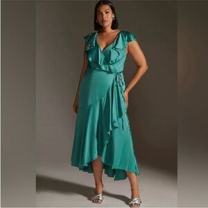 NWT Anthropologie Ruffle Sleeve Wrap Maxi Dress Teal Green Size 2X